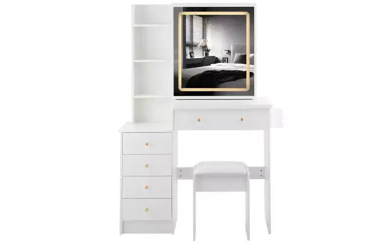 Toeletta di lusso da 94 cm con specchio scorrevole a LED, mobiletto contenitore, hub di alimentazione integrato, supporto per asciugacapelli e mobiletto laterale per camera da letto