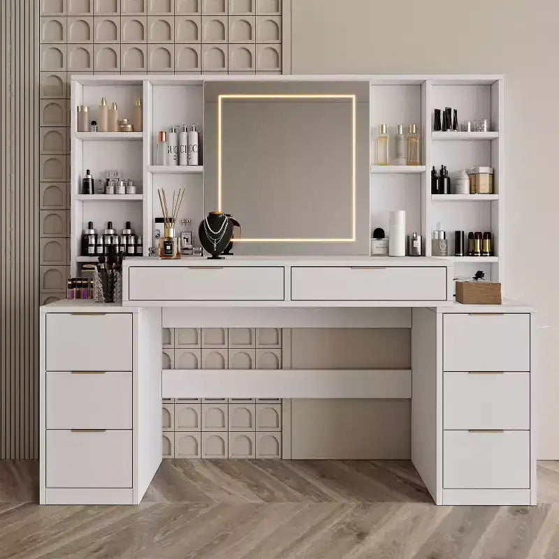 Toeletta per trucco da 150 cm con specchio illuminato, 8 cassetti, mensole aperte per camerette, illuminazione dimmerabile, design salvaspazio