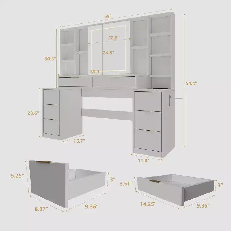 Toeletta per trucco da 150 cm con specchio illuminato, 8 cassetti, mensole aperte per camerette, illuminazione dimmerabile, design salvaspazio