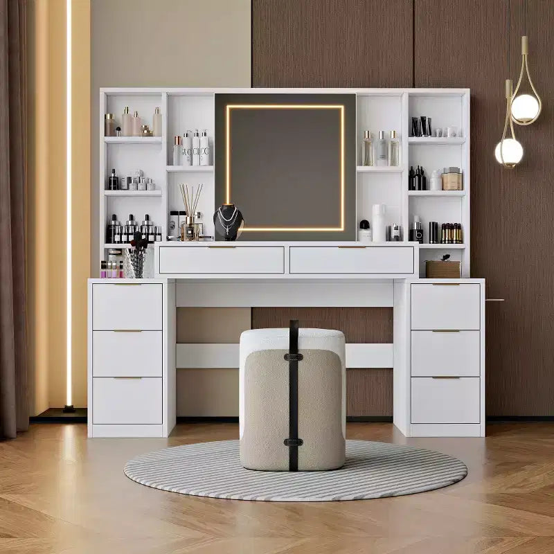 Toeletta per trucco da 150 cm con specchio illuminato, 8 cassetti, mensole aperte per camerette, illuminazione dimmerabile, design salvaspazio