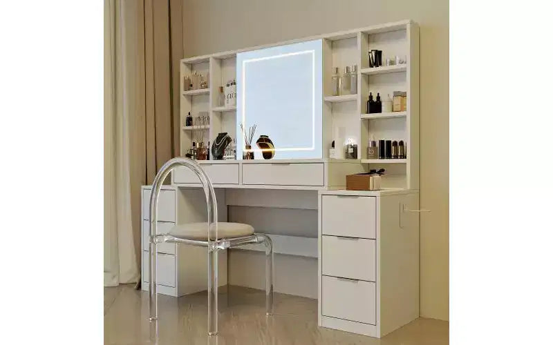 Toeletta per trucco da 150 cm con specchio illuminato, 8 cassetti, mensole aperte per camerette, illuminazione dimmerabile, design salvaspazio