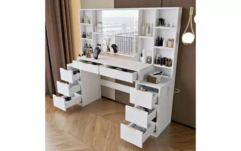 Toeletta per trucco da 150 cm con specchio illuminato, 8 cassetti, mensole aperte per camerette, illuminazione dimmerabile, design salvaspazio