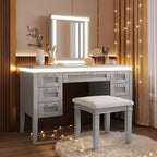 48-Inch Modern Makeup Vanity Desk with Lighted Mirror, 7 Drawers, Matching Stool for Bedroom, Greyblue Finish, Dimmable Lighting