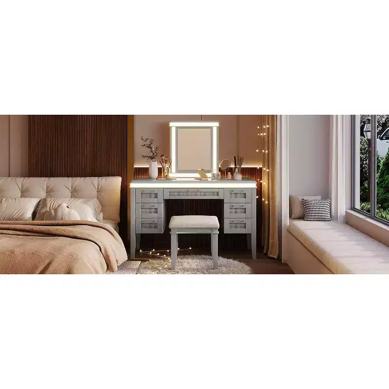 Toeletta moderna da 48 pollici con specchio illuminato, 7 cassetti, sgabello abbinato per camera da letto, finitura grigio-blu, illuminazione regolabile
