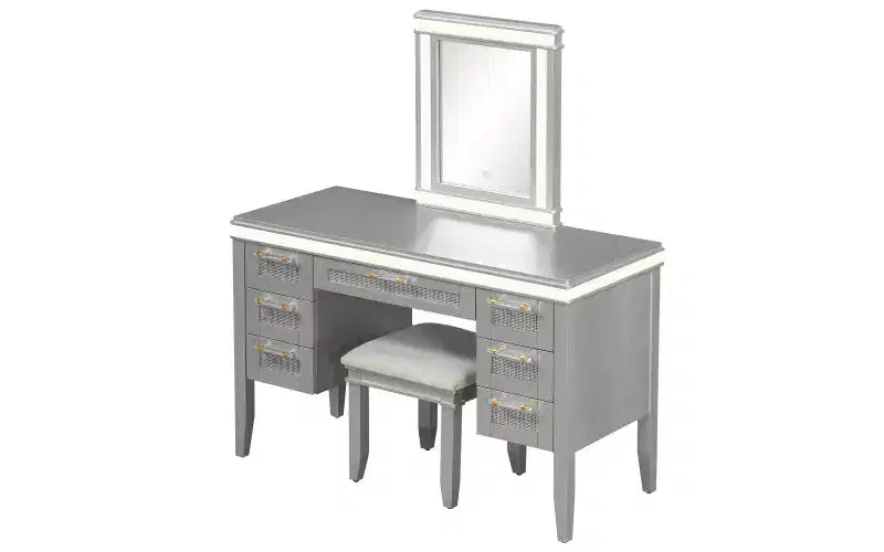 Toeletta moderna da 48 pollici con specchio illuminato, 7 cassetti, sgabello abbinato per camera da letto, finitura grigio-blu, illuminazione regolabile