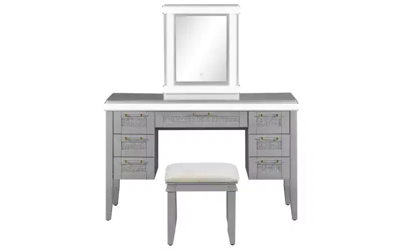 Toeletta moderna da 48 pollici con specchio illuminato, 7 cassetti, sgabello abbinato per camera da letto, finitura grigio-blu, illuminazione regolabile