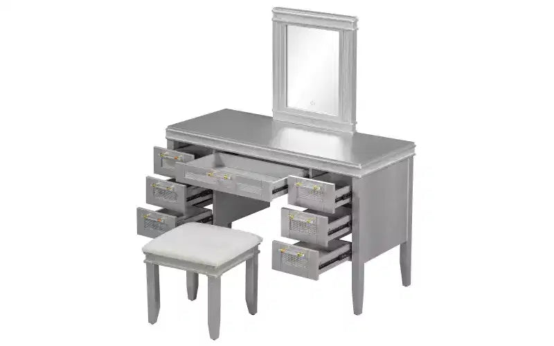 Toeletta moderna da 48 pollici con specchio illuminato, 7 cassetti, sgabello abbinato per camera da letto, finitura grigio-blu, illuminazione regolabile