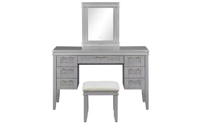 Toeletta moderna da 48 pollici con specchio illuminato, 7 cassetti, sgabello abbinato per camera da letto, finitura grigio-blu, illuminazione regolabile