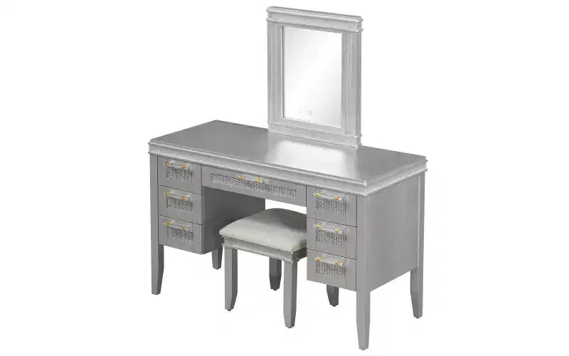 Toeletta moderna da 48 pollici con specchio illuminato, 7 cassetti, sgabello abbinato per camera da letto, finitura grigio-blu, illuminazione regolabile
