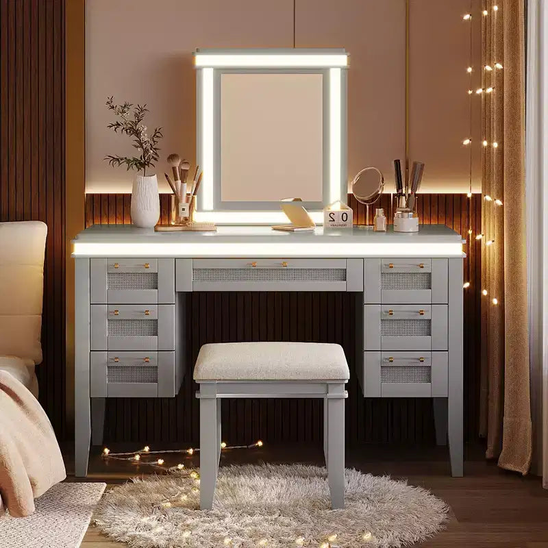 Toeletta moderna da 48 pollici con specchio illuminato, 7 cassetti, sgabello abbinato per camera da letto, finitura grigio-blu, illuminazione regolabile