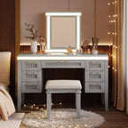 Toeletta moderna da 48 pollici con specchio illuminato, 7 cassetti, sgabello abbinato per camera da letto, finitura grigio-blu, illuminazione regolabile