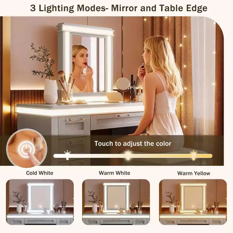 Toeletta moderna da 48 pollici con specchio illuminato, 7 cassetti, sgabello abbinato per camera da letto, finitura grigio-blu, illuminazione regolabile