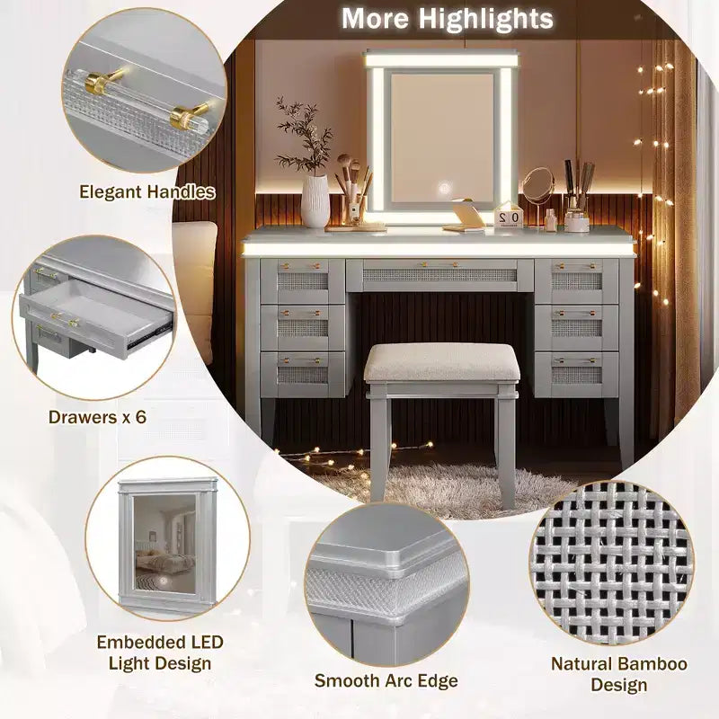 Toeletta moderna da 48 pollici con specchio illuminato, 7 cassetti, sgabello abbinato per camera da letto, finitura grigio-blu, illuminazione regolabile