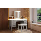Toeletta moderna da 48 pollici con specchio illuminato, 7 cassetti, sgabello abbinato per camera da letto, finitura grigio-blu, illuminazione regolabile