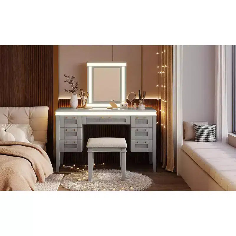 Toeletta moderna da 48 pollici con specchio illuminato, 7 cassetti, sgabello abbinato per camera da letto, finitura grigio-blu, illuminazione regolabile