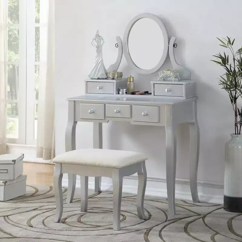 Toeletta Contemporanea con Specchio, 5 Cassetti, Sgabello Abbinato per Camera da Letto, Finitura Bianca, Design Salvaspazio