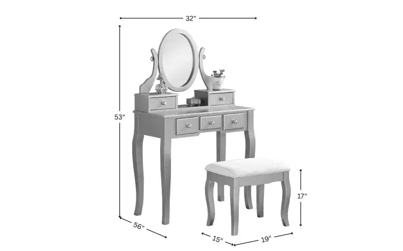 Toeletta Contemporanea con Specchio, 5 Cassetti, Sgabello Abbinato per Camera da Letto, Finitura Bianca, Design Salvaspazio