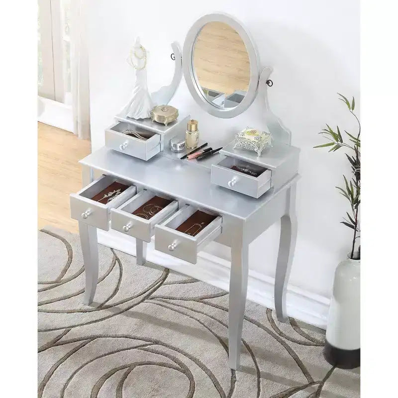 Toeletta Contemporanea con Specchio, 5 Cassetti, Sgabello Abbinato per Camera da Letto, Finitura Bianca, Design Salvaspazio