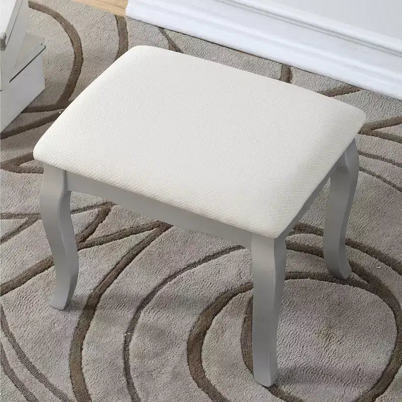 Toeletta Contemporanea con Specchio, 5 Cassetti, Sgabello Abbinato per Camera da Letto, Finitura Bianca, Design Salvaspazio