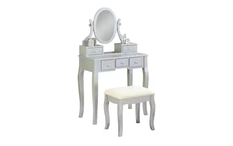 Toeletta Contemporanea con Specchio, 5 Cassetti, Sgabello Abbinato per Camera da Letto, Finitura Bianca, Design Salvaspazio