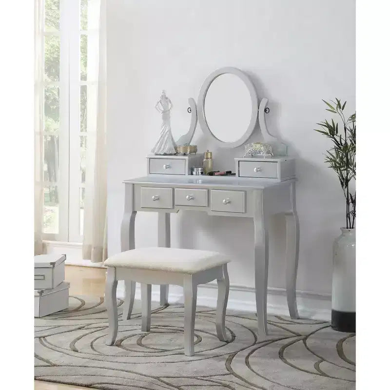 Toeletta Contemporanea con Specchio, 5 Cassetti, Sgabello Abbinato per Camera da Letto, Finitura Bianca, Design Salvaspazio