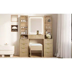 Toeletta Contemporanea con Specchio, 5 Cassetti, Sgabello Abbinato per Camera da Letto, Finitura Bianca, Design Salvaspazio