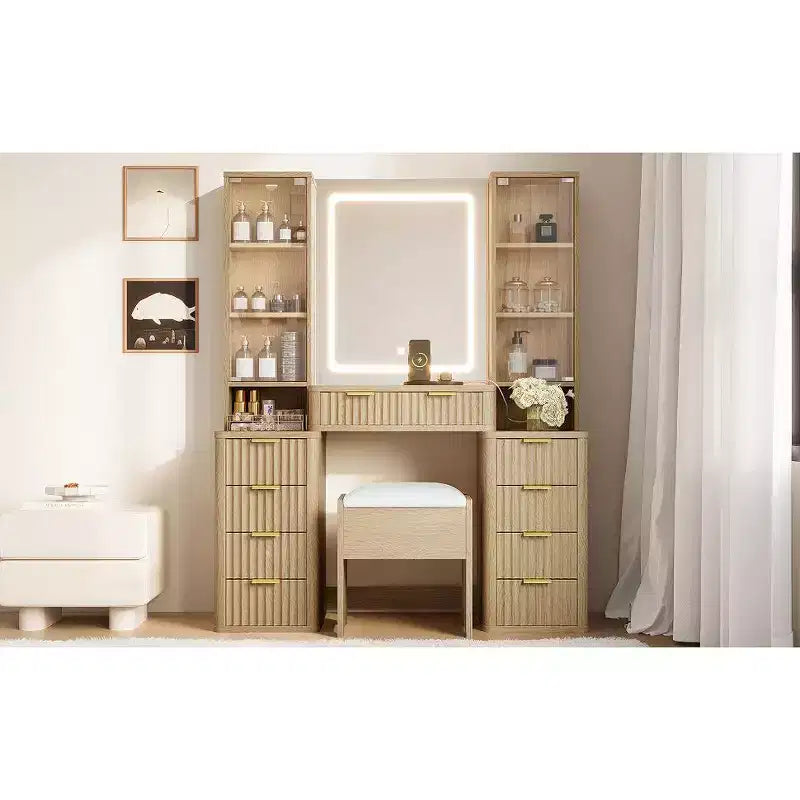 Toeletta Contemporanea con Specchio, 5 Cassetti, Sgabello Abbinato per Camera da Letto, Finitura Bianca, Design Salvaspazio