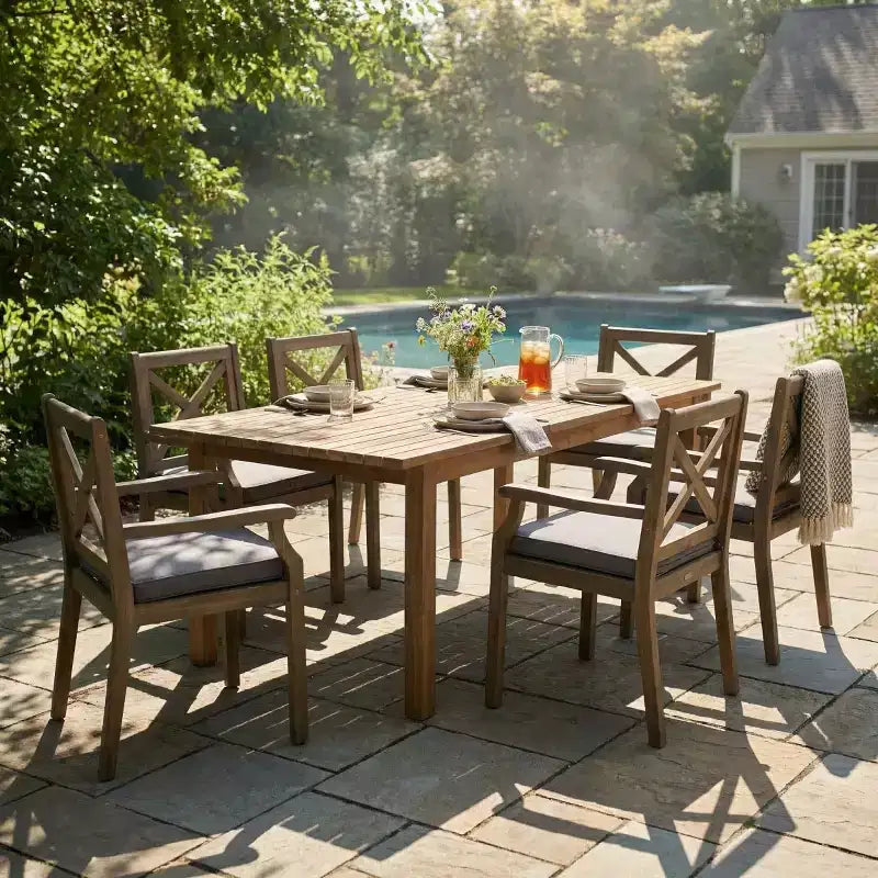 Ensemble de salle à manger d'extérieur 7 pièces, table à manger extensible en bois d'acacia avec 6 chaises rembourrées, mobilier de salle à manger d'extérieur pour jardin - Panipeachy