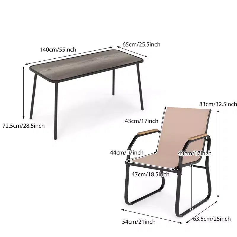 Set da pranzo da esterni 5 pezzi Gymax con braccioli effetto legno Struttura in metallo resistente e piano del tavolo in DPC