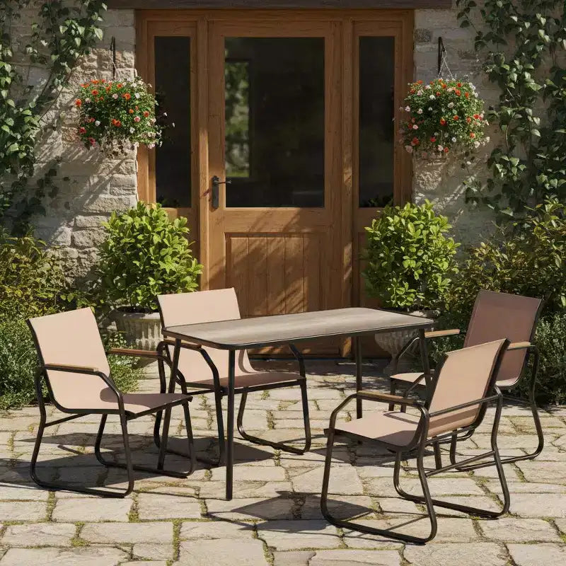 Set da pranzo da esterni 5 pezzi Gymax con braccioli effetto legno Struttura in metallo resistente e piano del tavolo in DPC