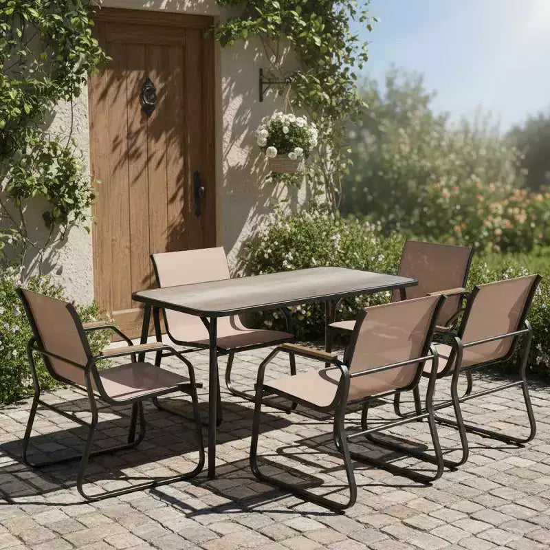 Set da pranzo da esterni 5 pezzi Gymax con braccioli effetto legno Struttura in metallo resistente e piano del tavolo in DPC
