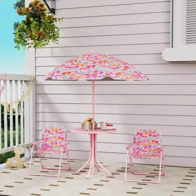 Set Tavolo e Sedie da Picnic per Bambini con Ombrellone a Farfalla 3 Pezzi Rosa