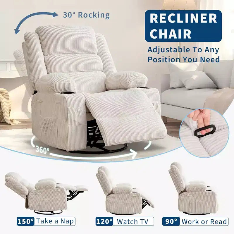 Poltrona reclinabile a dondolo manuale girevole a 360°, divano a dondolo con portabicchieri e tasche, comoda poltrona per asilo nido, soggiorno e camera da letto