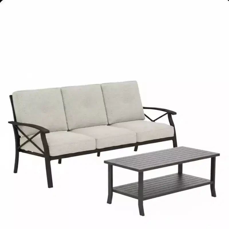 Ensemble de patio extérieur 2 pièces, canapé de patio 3 places en métal résistant aux intempéries de 178 cm et table basse rectangulaire