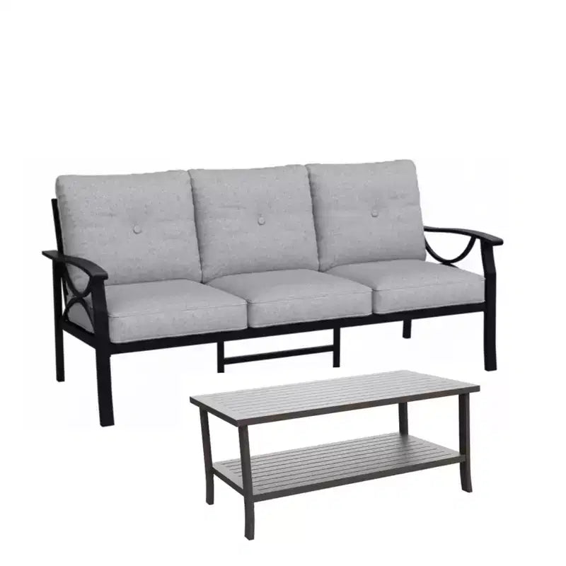 Ensemble de patio extérieur 2 pièces, canapé de patio 3 places en métal résistant aux intempéries de 178 cm et table basse rectangulaire