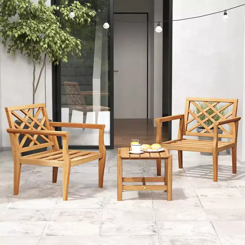 Set da pranzo da patio Costway 3 pz, tavolino e 2 sedie con schienale comodo e gambe solide
