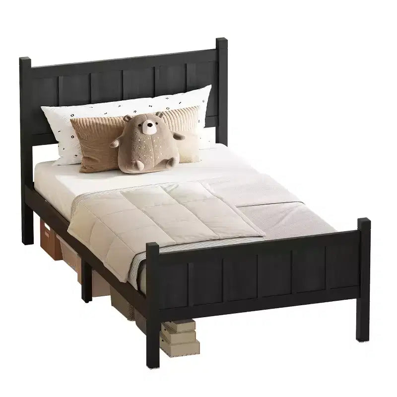 Struttura letto matrimoniale/queen size con testiera e pediera, letto a piattaforma in stile rustico, supporto a doghe in legno, noce