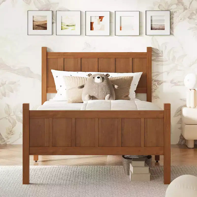 Struttura letto matrimoniale/queen size con testiera e pediera, letto a piattaforma in stile rustico, supporto a doghe in legno, noce