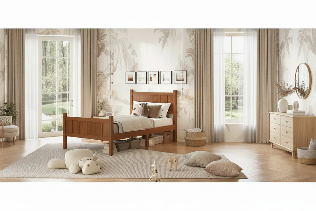 Struttura letto matrimoniale/queen size con testiera e pediera, letto a piattaforma in stile rustico, supporto a doghe in legno, noce