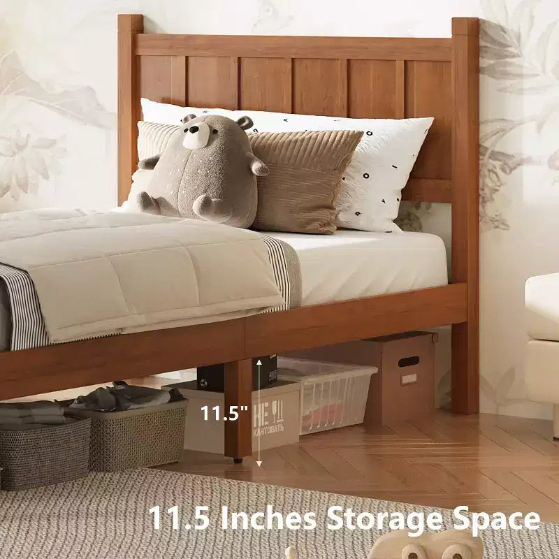 Struttura letto matrimoniale/queen size con testiera e pediera, letto a piattaforma in stile rustico, supporto a doghe in legno, noce