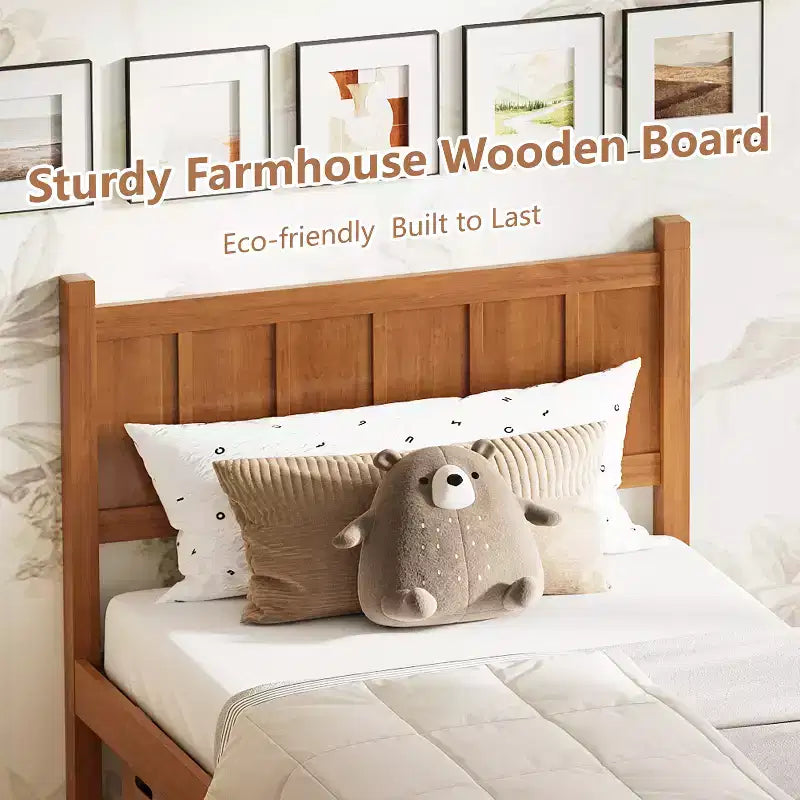 Struttura letto matrimoniale/queen size con testiera e pediera, letto a piattaforma in stile rustico, supporto a doghe in legno, noce