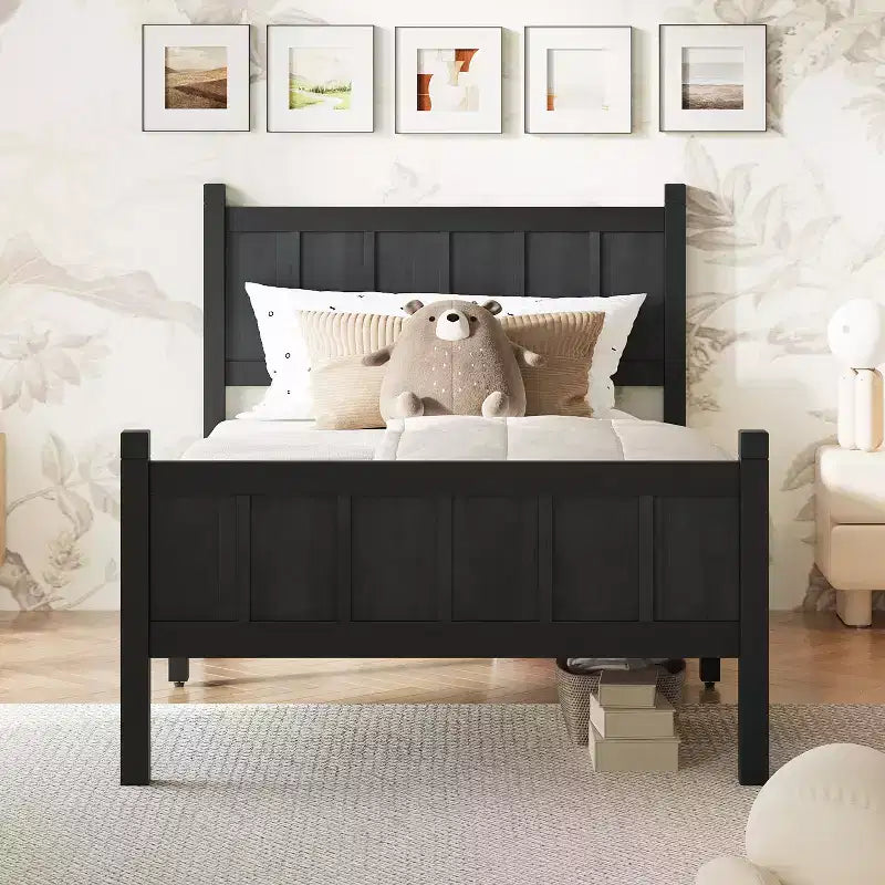 Struttura letto matrimoniale/queen size con testiera e pediera, letto a piattaforma in stile rustico, supporto a doghe in legno, noce