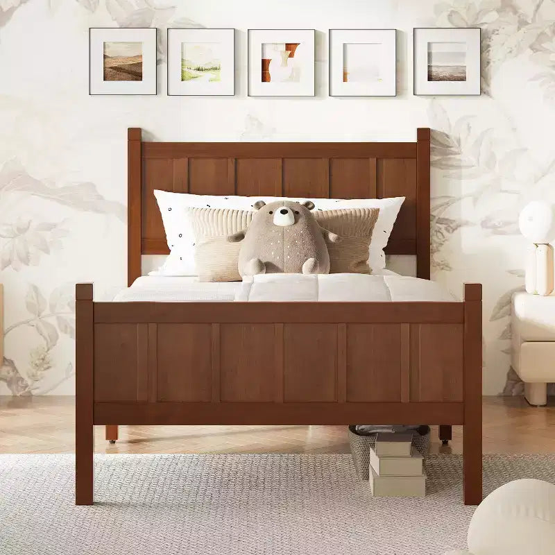 Struttura letto matrimoniale/queen size con testiera e pediera, letto a piattaforma in stile rustico, supporto a doghe in legno, noce