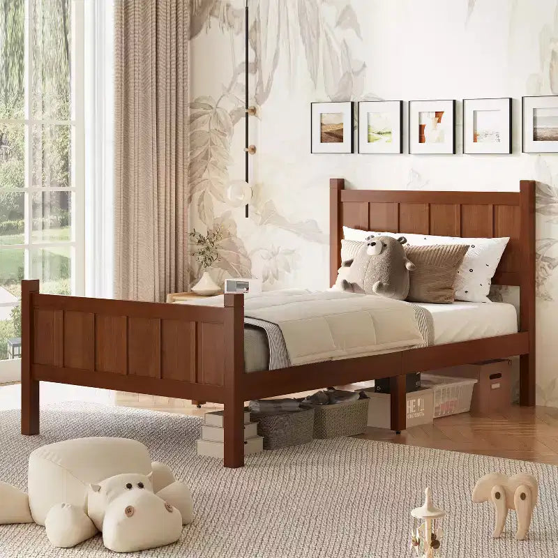 Struttura letto matrimoniale/queen size con testiera e pediera, letto a piattaforma in stile rustico, supporto a doghe in legno, noce