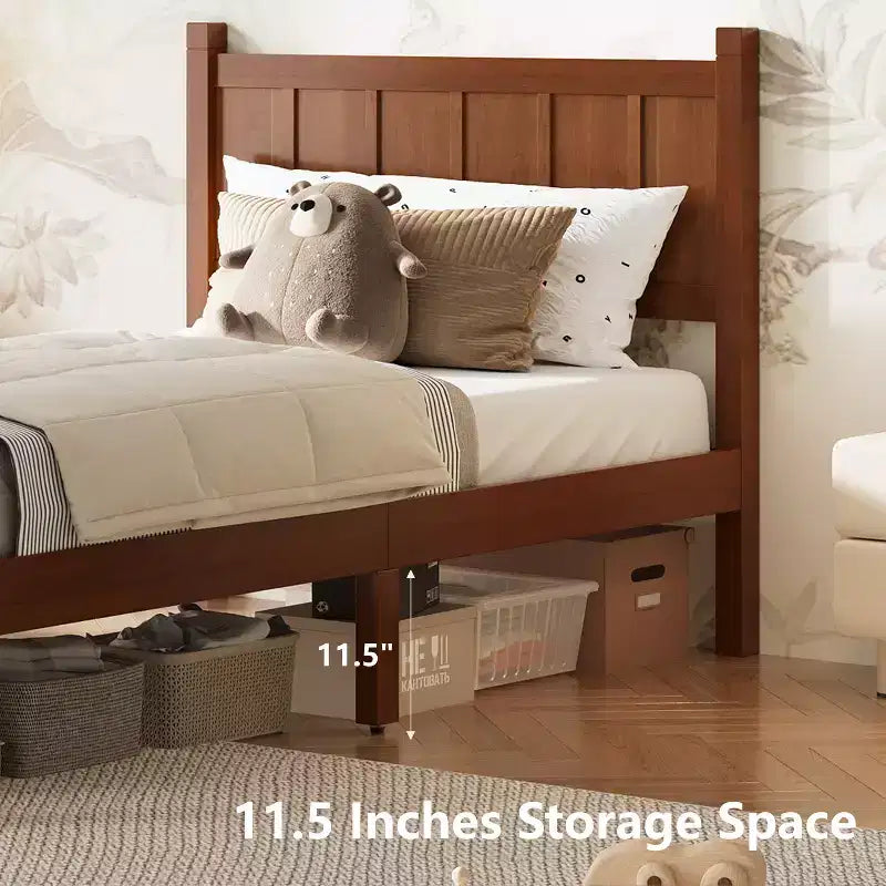 Struttura letto matrimoniale/queen size con testiera e pediera, letto a piattaforma in stile rustico, supporto a doghe in legno, noce