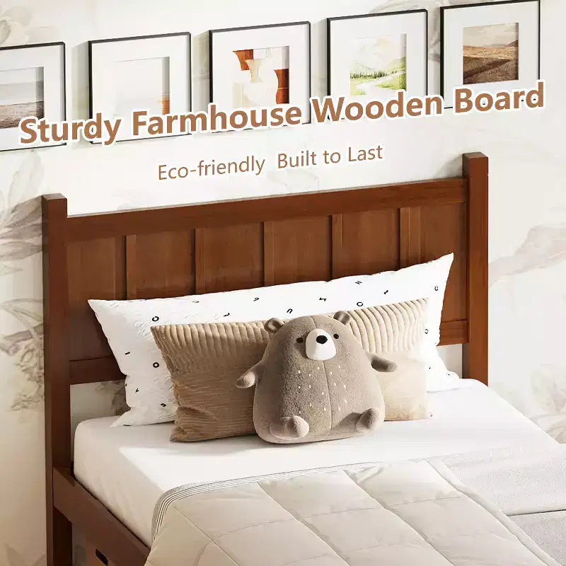 Struttura letto matrimoniale/queen size con testiera e pediera, letto a piattaforma in stile rustico, supporto a doghe in legno, noce