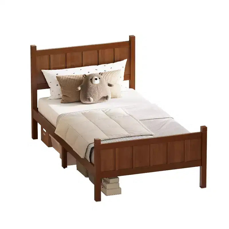 Struttura letto matrimoniale/queen size con testiera e pediera, letto a piattaforma in stile rustico, supporto a doghe in legno, noce