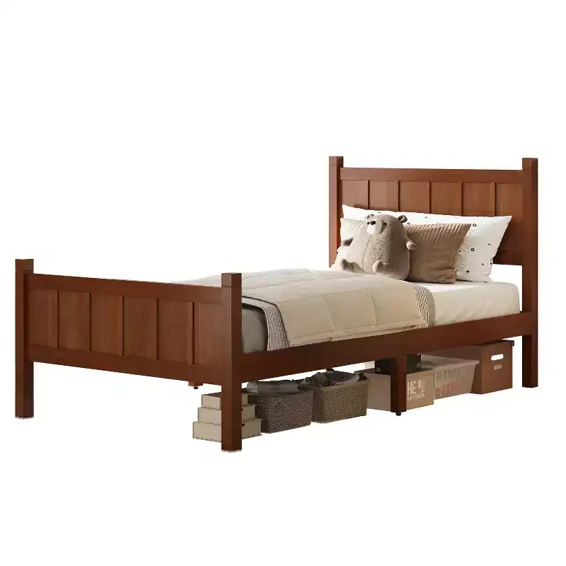 Struttura letto matrimoniale/queen size con testiera e pediera, letto a piattaforma in stile rustico, supporto a doghe in legno, noce