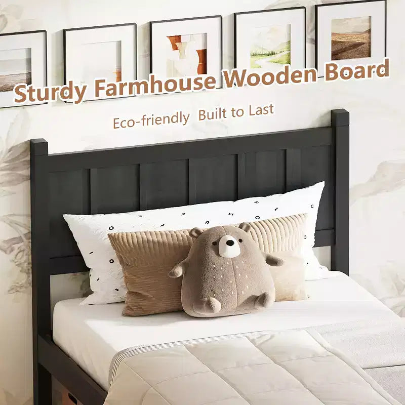 Struttura letto matrimoniale/queen size con testiera e pediera, letto a piattaforma in stile rustico, supporto a doghe in legno, noce