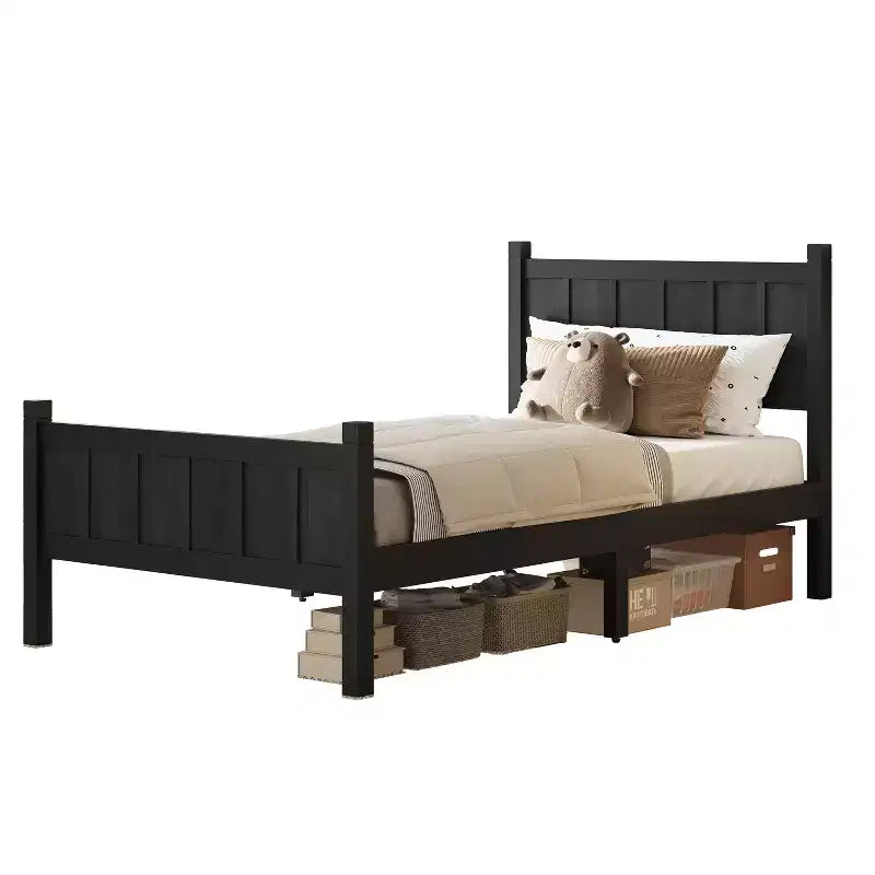 Struttura letto matrimoniale/queen size con testiera e pediera, letto a piattaforma in stile rustico, supporto a doghe in legno, noce